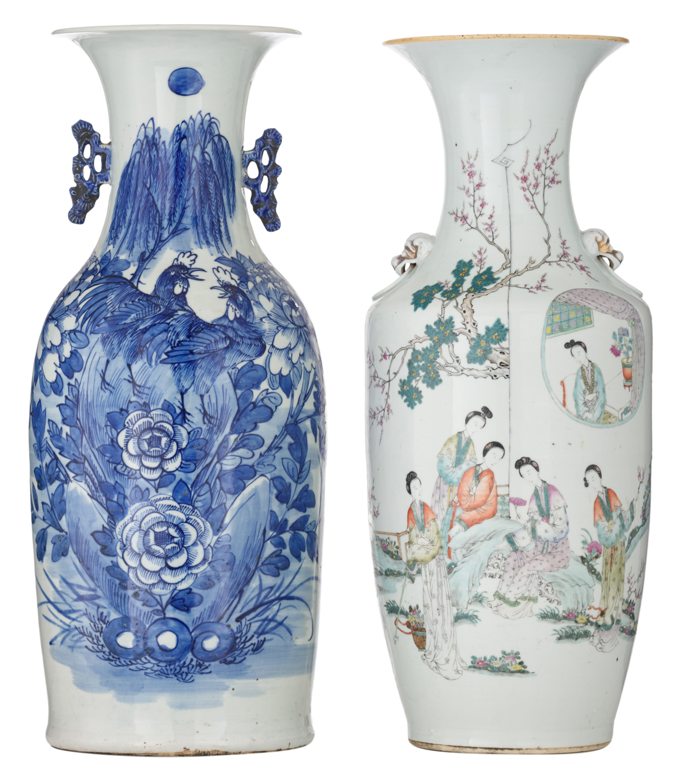 A Chinese famille rose vase, decorated with an animated scene with ladies, the back with calligraphi