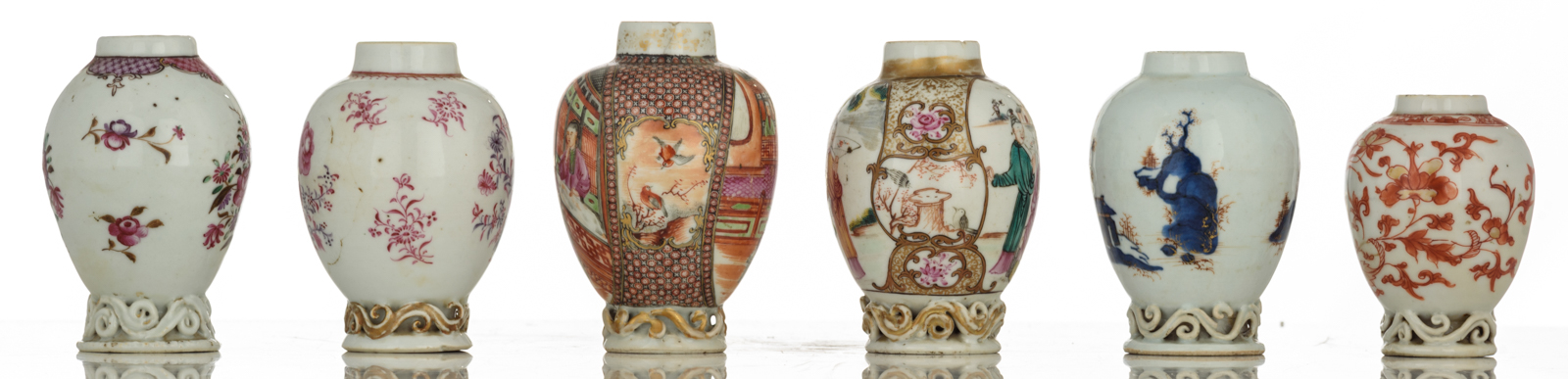 Six Chinese polychrome, iron red and famille rose tea caddies, decorated with flowers, figures and l - Image 3 of 7