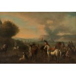 No visible signature, a landscape with resting horsemen and a bandit scene on the background (in the