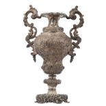 An important silver 833/000 Rococo Revival baluster vase, all-over delicately relief decorated and c