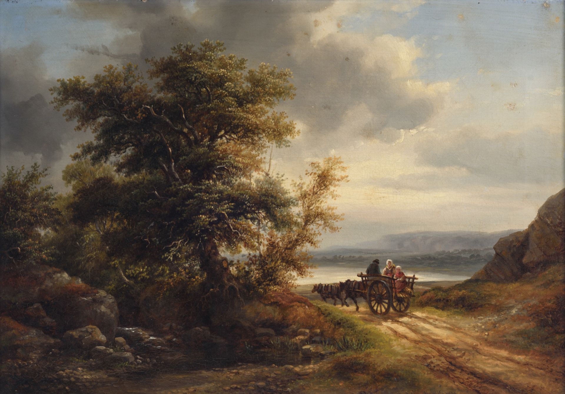 Van Marcke J., a wooded landscape with a horse-drawn carriage, dated 1841, oil on canvas, 33 x 46 cm