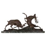 Amorgasti A., two fighting deer, casting mark 'ed. Buyle', patinated bronze on a vert de mer marble