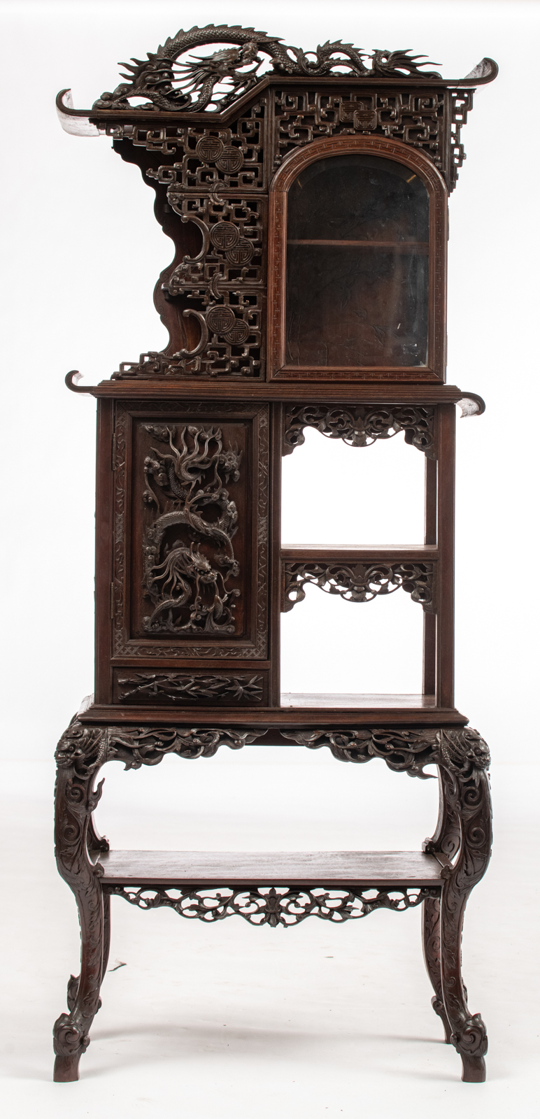 A Chinese exotic hardwood display cabinet, finely sculpted with floral decoration and dragons, H 173 - Image 2 of 6