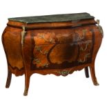 A Louis XV style bronze mounted bombe commode, marquetry veneered with mahogany, burl walnut and ros