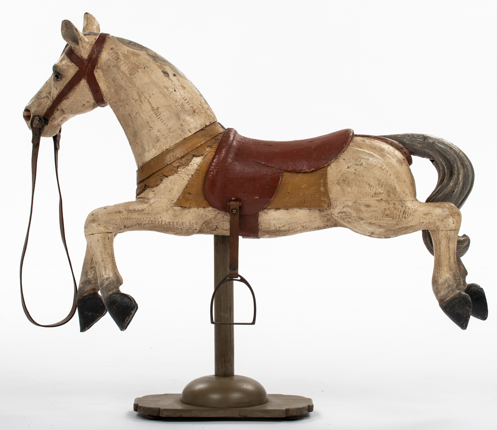 A wooden polychrome painted carousel horse mounted on a recent wooden stand, H (with stand) 138 cm / - Bild 2 aus 4