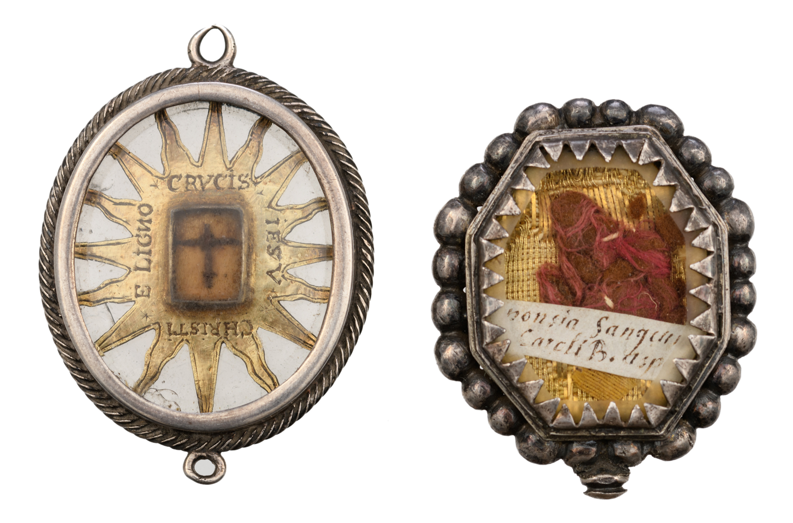 Three 17th / 18thC devotional reliquary pendants with relics of the Holy Cross, St. Francis of Sales - Image 2 of 7
