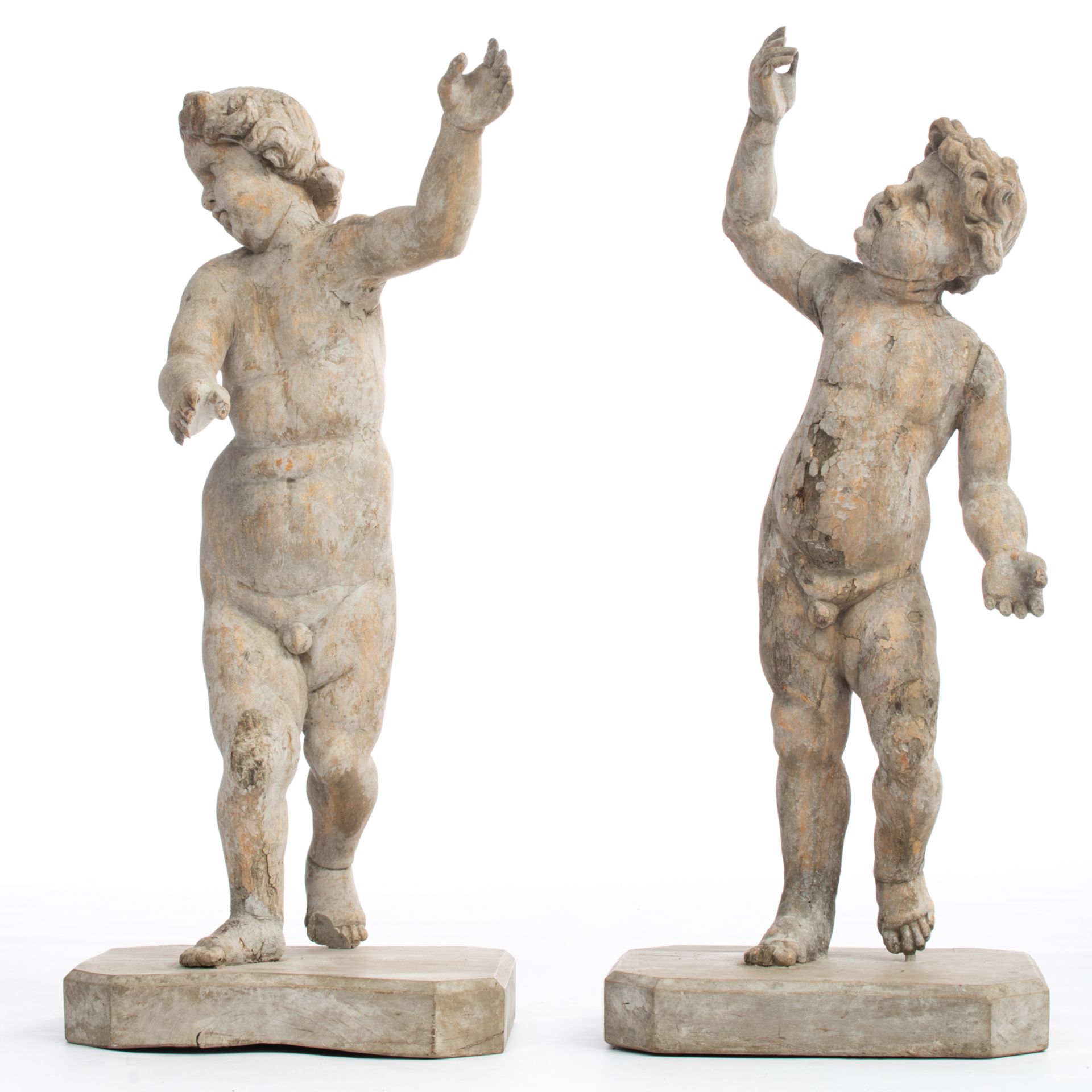 A pair of 18thC German patinated limewood sculptures of putti, H 147 - W 63 - D 50 cm - Image 2 of 5