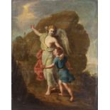 No visible signature, an angel showing a child the way, 18thC, oil on canvas on hardboard, 84 x 108
