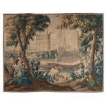 A large verdure wall tapestry, decorated with flamingos in Renaissance garden setting, wool and silk