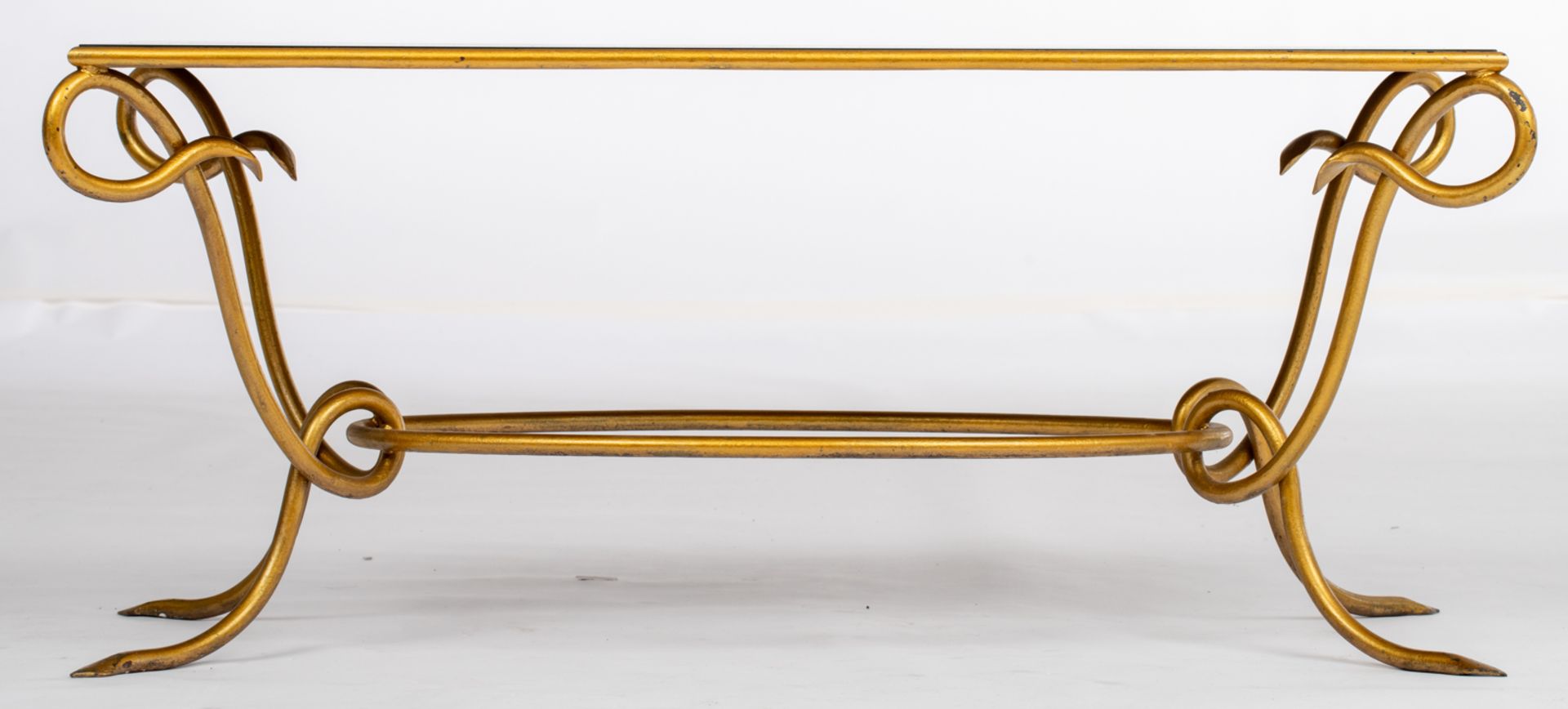 A gilt wrought iron coffee table with a mirrored top, in the manner of René Drouet, the underside of - Image 4 of 8