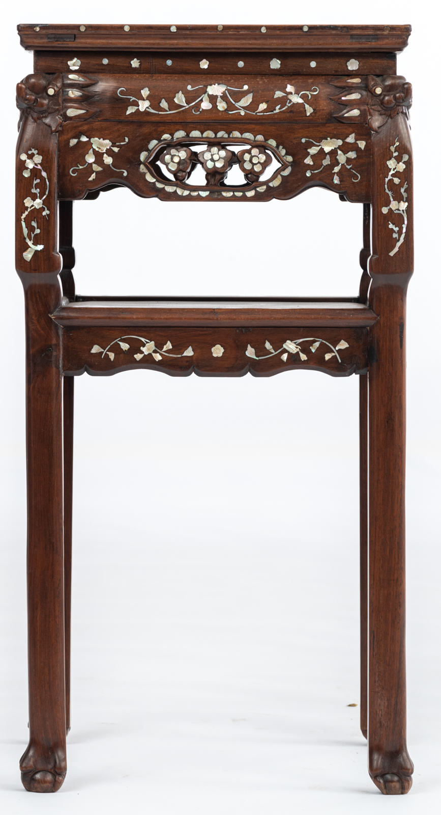 A Chinese rosewood furniture set, with inlaid marble plaques and mother-of pearldecoration, consisti - Image 11 of 16