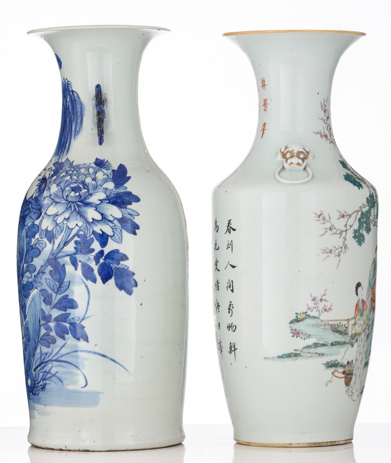 A Chinese famille rose vase, decorated with an animated scene with ladies, the back with calligraphi - Image 4 of 6