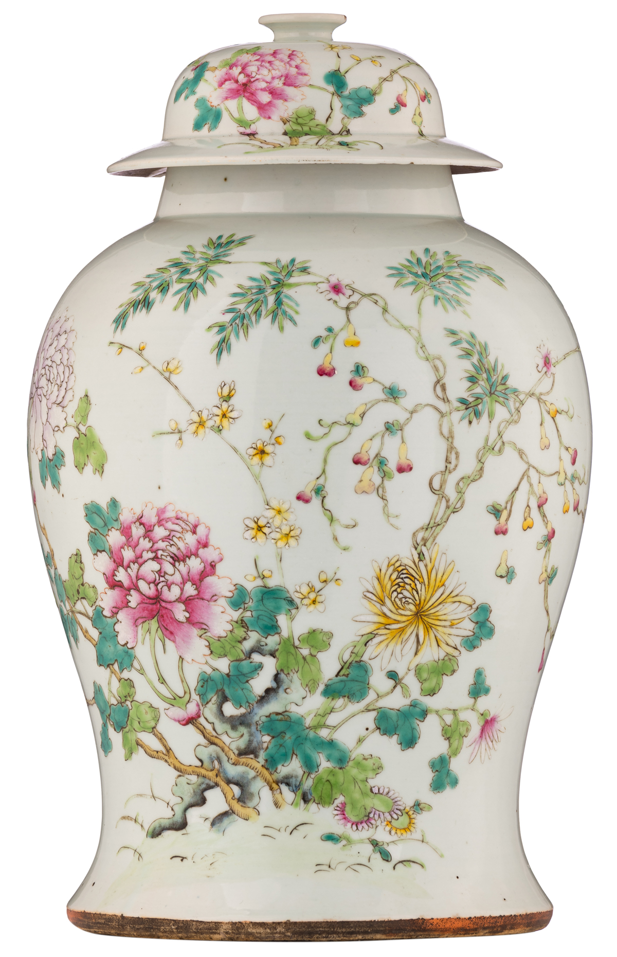 A Chinese famille rose vase and cover, decorated with flowers, flower branches and bats, with a four
