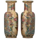 A pair of Chinese stoneware vases, polychrome decorated with scenes from 'The Romance of the Three K