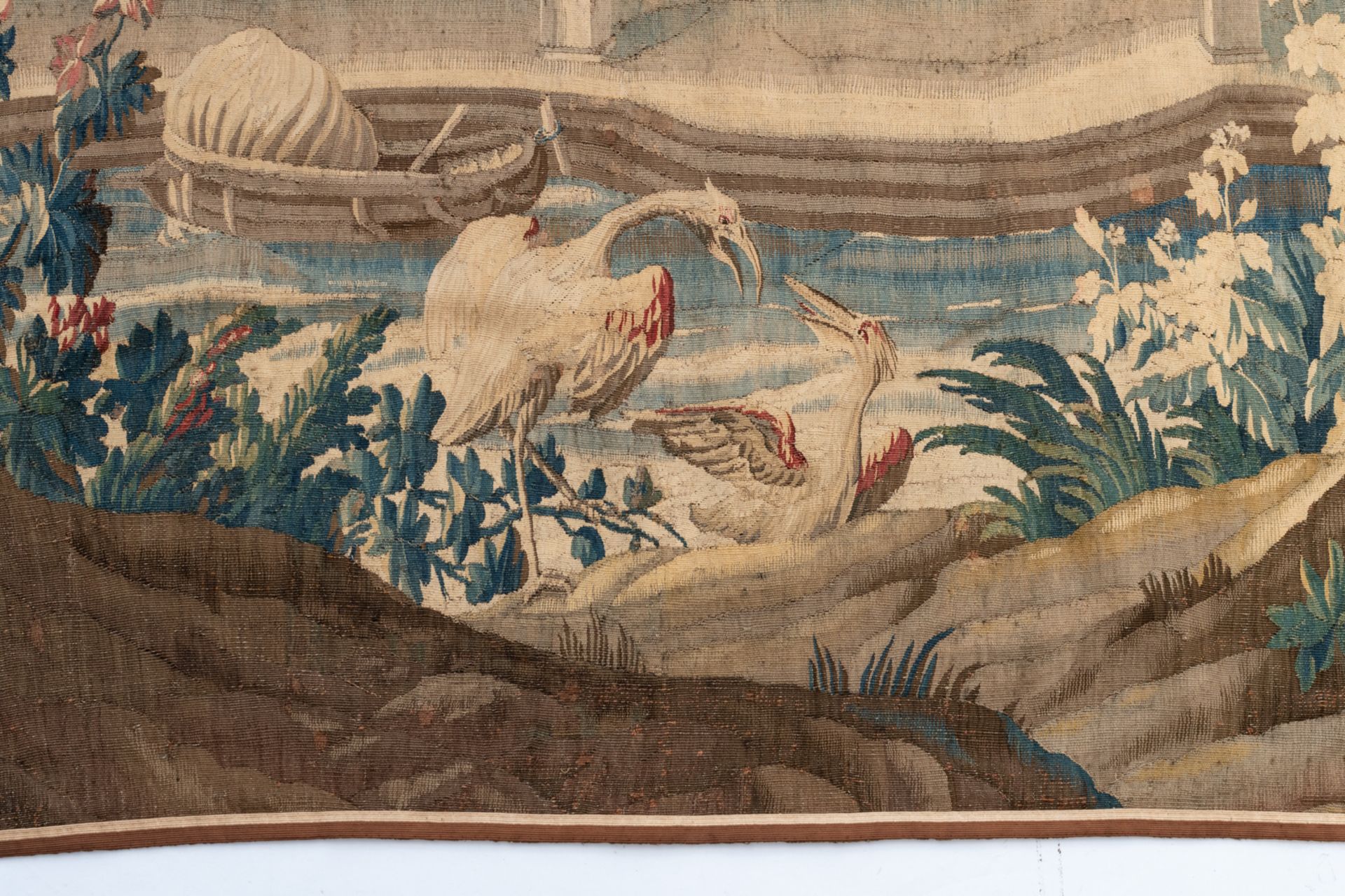 A large verdure wall tapestry, decorated with flamingos in Renaissance garden setting, wool and silk - Image 3 of 8