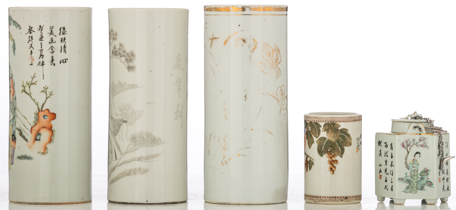 Three Chinese cylindrical vases, polychrome, Indian ink and gilt decorated; added a ditto brushpot a - Image 2 of 12