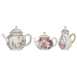 Two Chinese famille rose and gilt decorated export porcelain teapots; added a ditto milk jug, decora