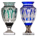 A blue overlay cut crystal Val-Saint-Lambert Jupiter vase, with a silvered mount to the base; added