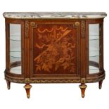 A Louis XVI style walnut display cabinet with bronze mounts on tapered legs, marquetry veneered with