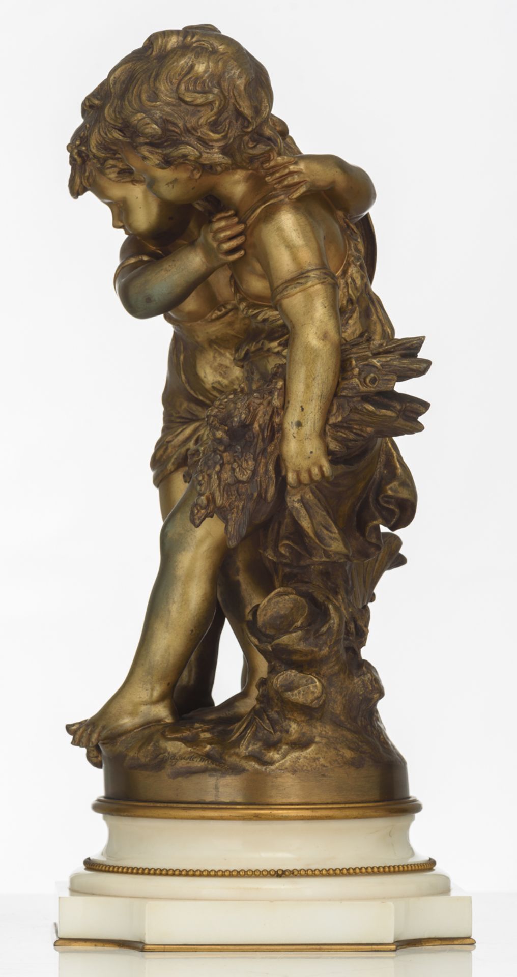 Moreau A., the innocence, patinated bronze on Carrara marble base, H 46 54 cm (with base) - Image 2 of 6