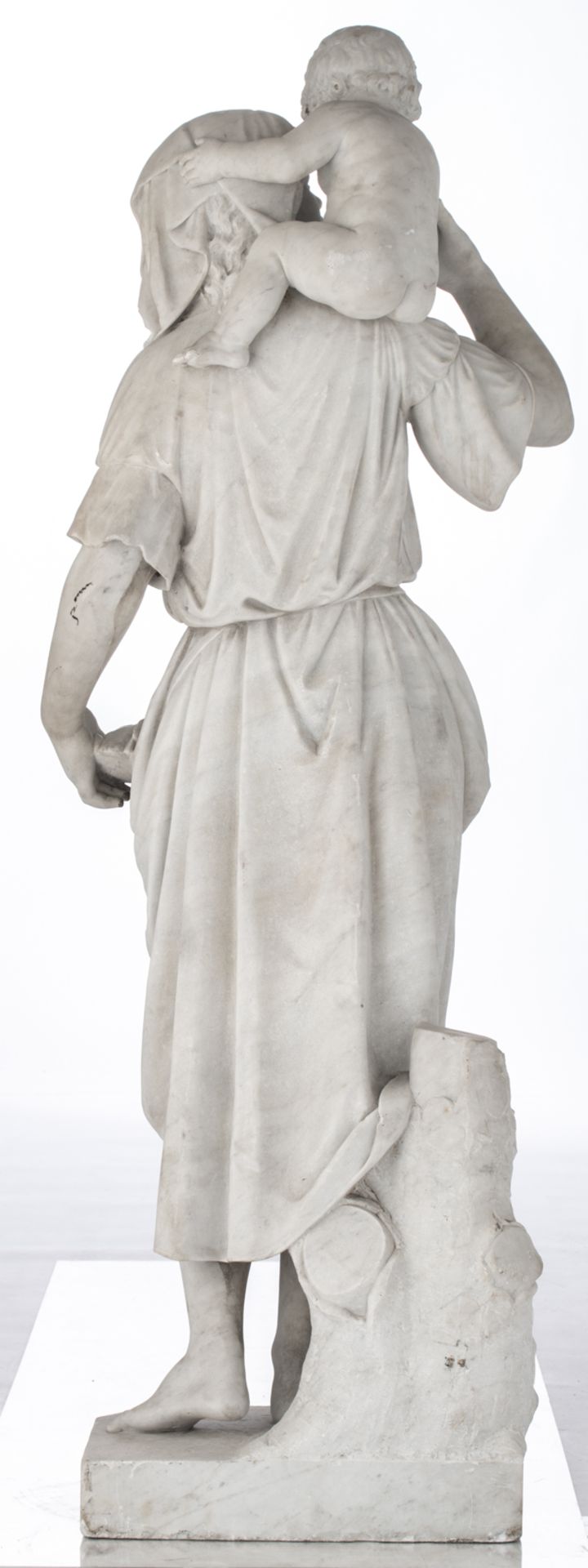 A Carrara marble sculpture of a lady holding a child and a pigeon on a ditto base, H 191 cm (incl ba - Image 3 of 5