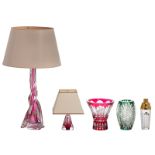 A various collection of Val-Saint-Lambert items, containing two crystal cranberry table lamps, a cut