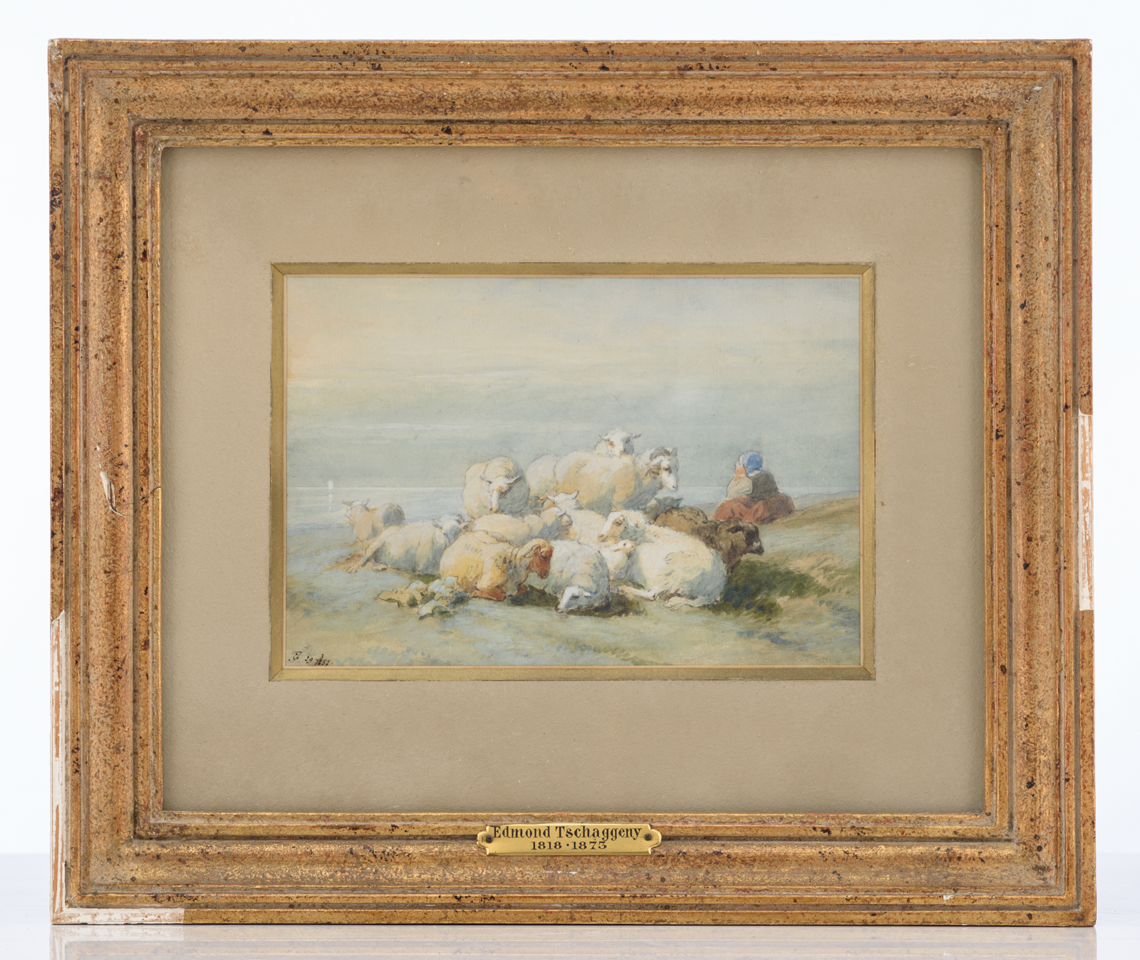 Monogrammed E.T. (Edmond Tschaggeny), a shepherdess with her resting flock of sheep, dated 29.3.1852 - Image 2 of 5