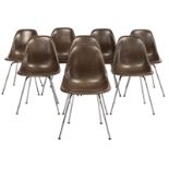 A set of eight 'DSX' chairs, seal brown fibreglass on a chromed base, design by Eames for Herman Mil