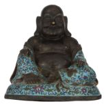 A Chinese cloisonné enamel figure of a Budai, with a Xuande mark, H 30,5 - W 32 - D 27 cm