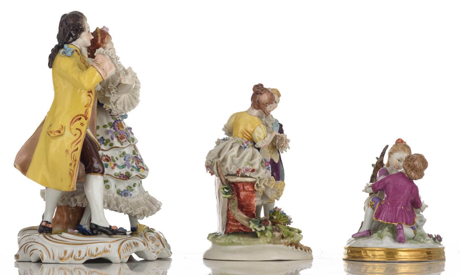 A collection of four polychrome painted Saxony figure groups, consisting of: a piano playing lady an - Image 11 of 15