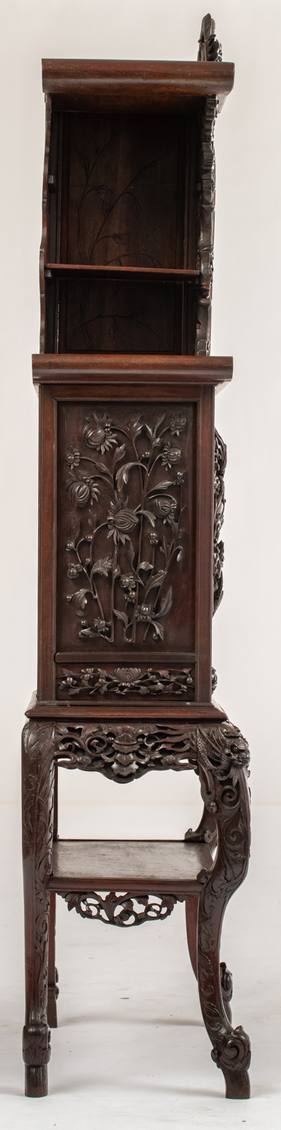 A Chinese exotic hardwood display cabinet, finely sculpted with floral decoration and dragons, H 173 - Image 5 of 6