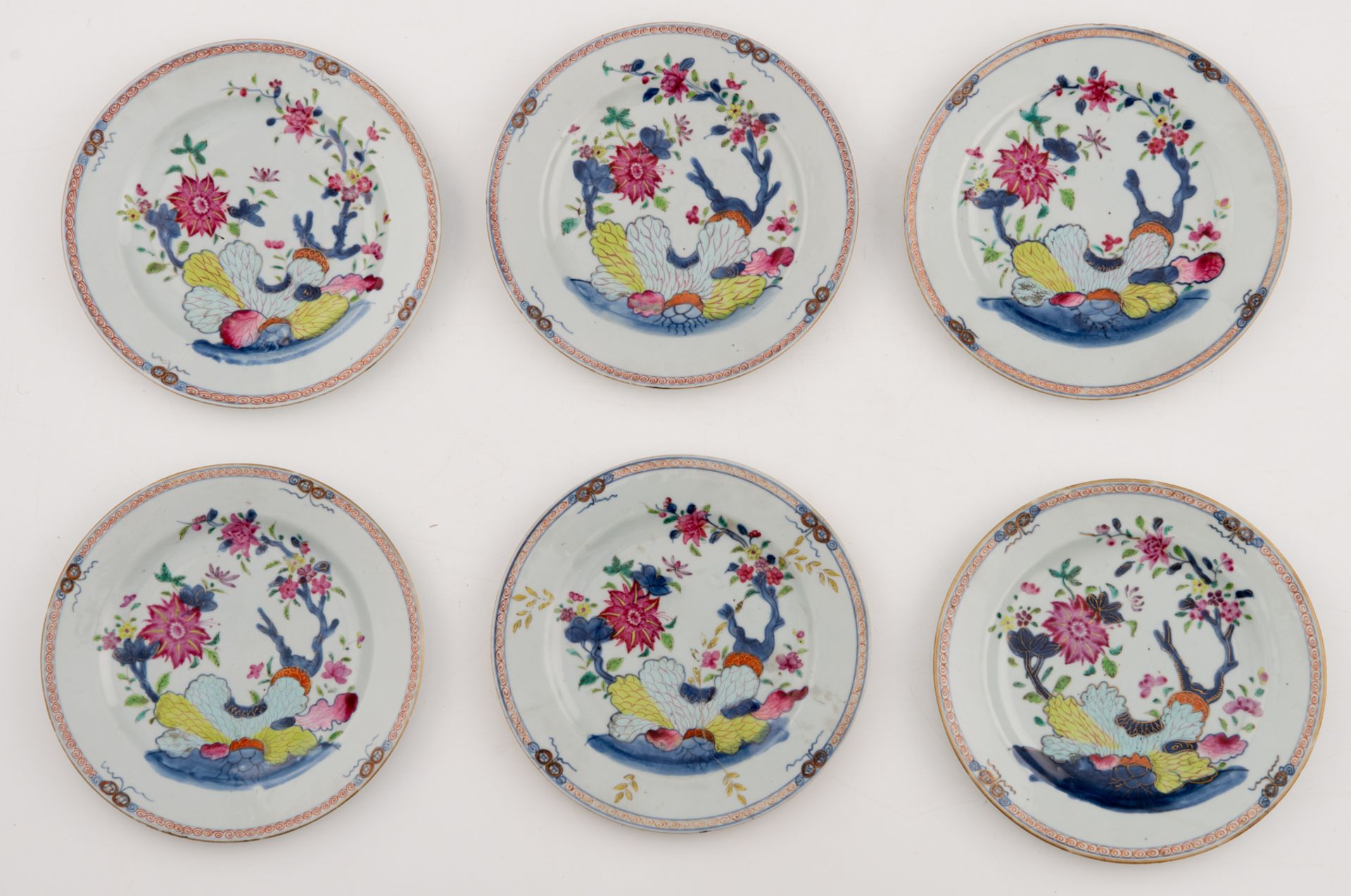 Seven Chinese famille rose floral decorated dishes; added six ditto dishes, the centre with butterfl - Bild 2 aus 5