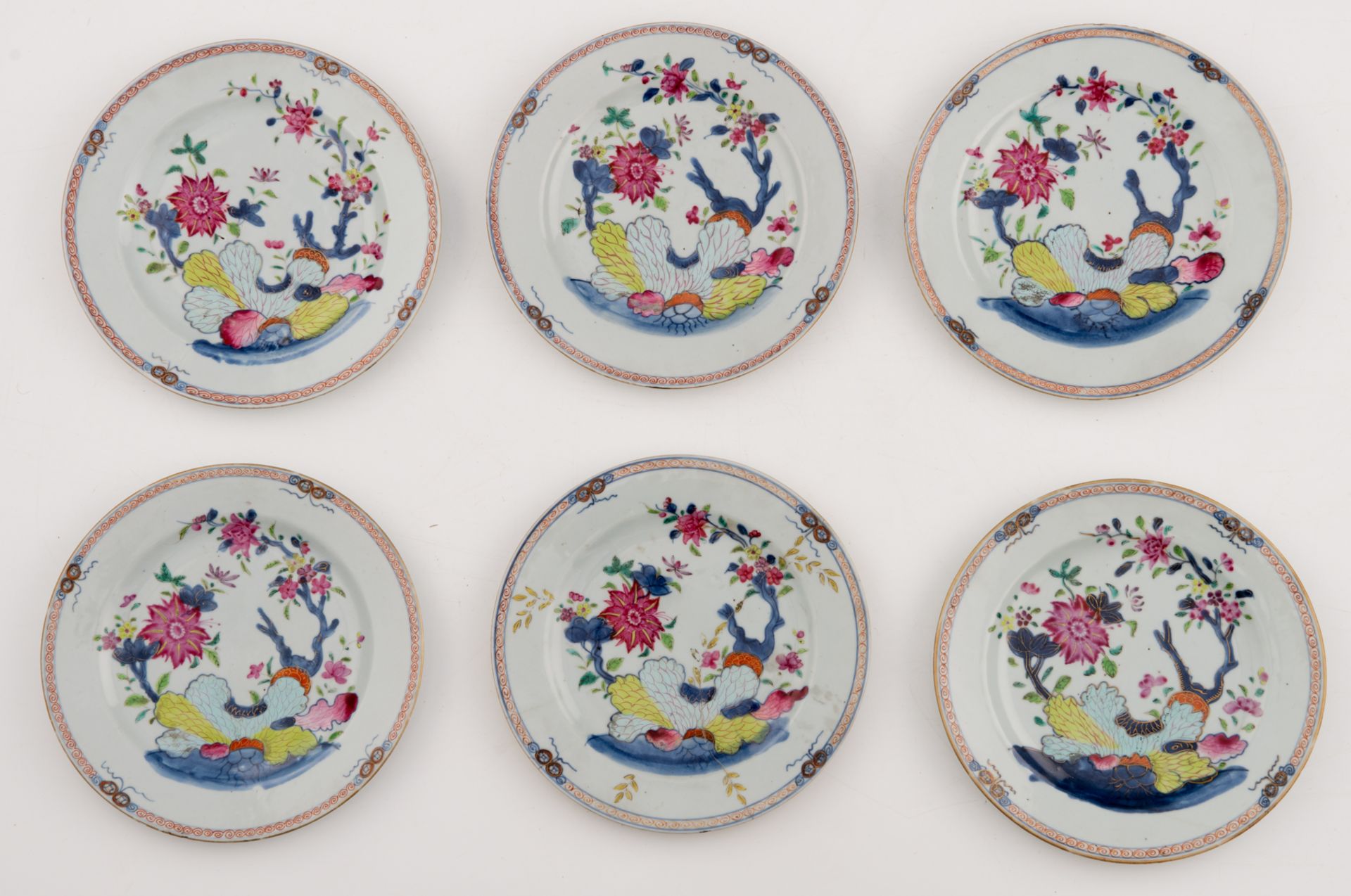 Seven Chinese famille rose floral decorated dishes; added six ditto dishes, the centre with butterfl - Image 2 of 5