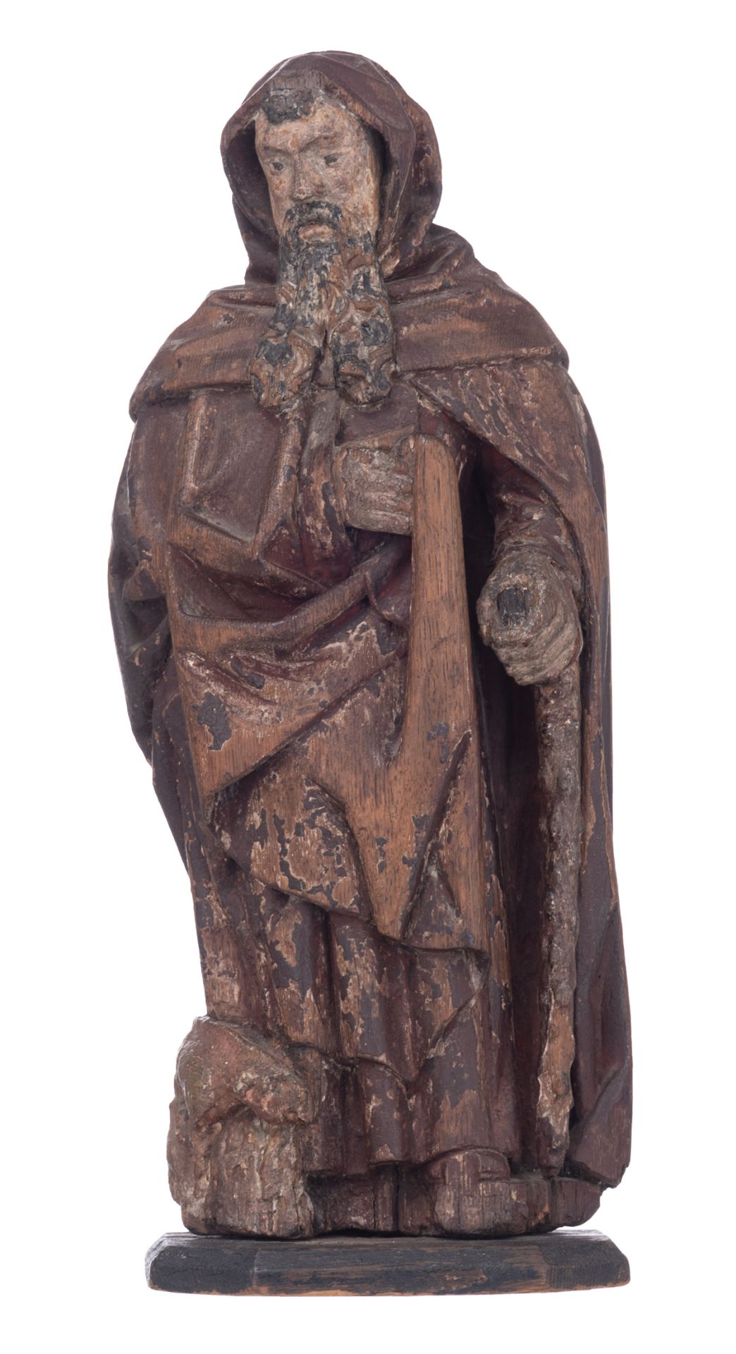 Saint Anthony Abbott, a 17htC oak sculpture with traces of polychrome paint, Southern Netherlands, H