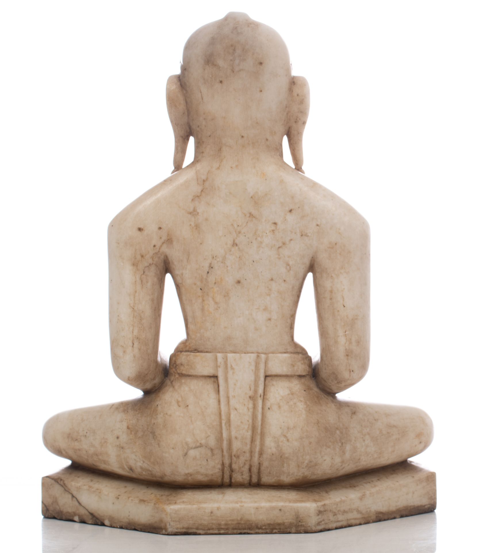 An Oriental alabaster seated Buddha, the hairstyle with traces of polychromy and gilt decoration, 19 - Bild 6 aus 12