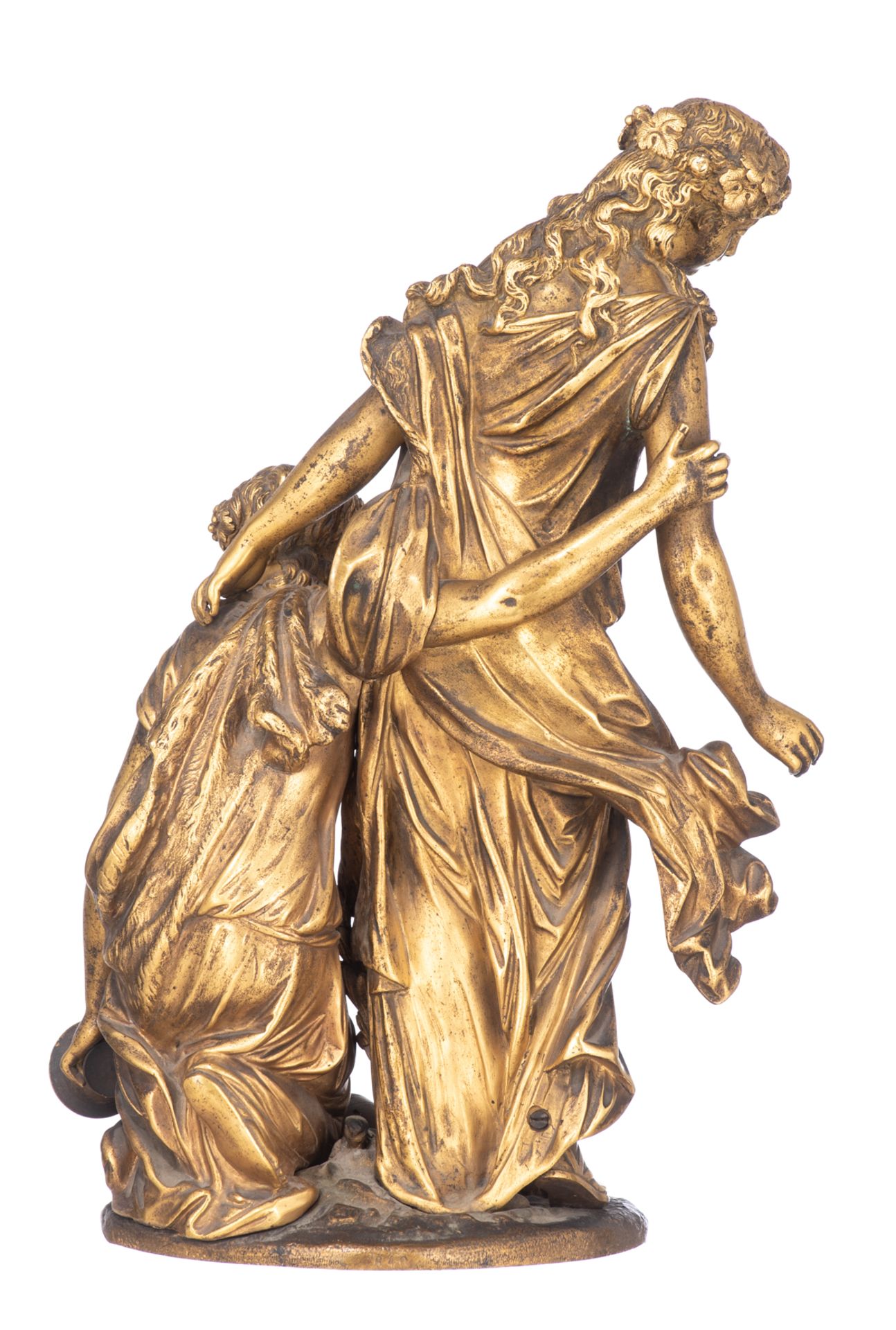 Salmson J., a gilt bronze sculpture depicting two girls at a well, cast by the 'Raingo frères' facto - Image 3 of 7