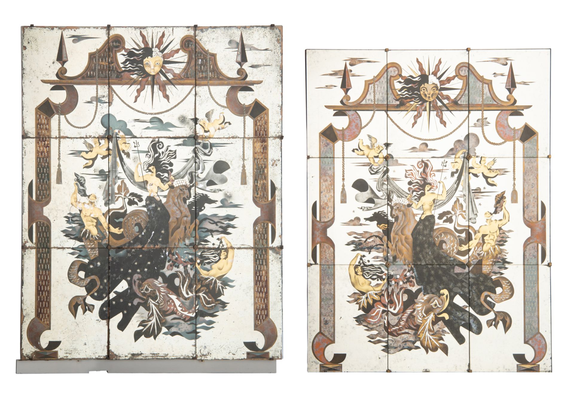 No visible signature (attributed to Robert Pansart), two decorative mirror tile constructed panels w