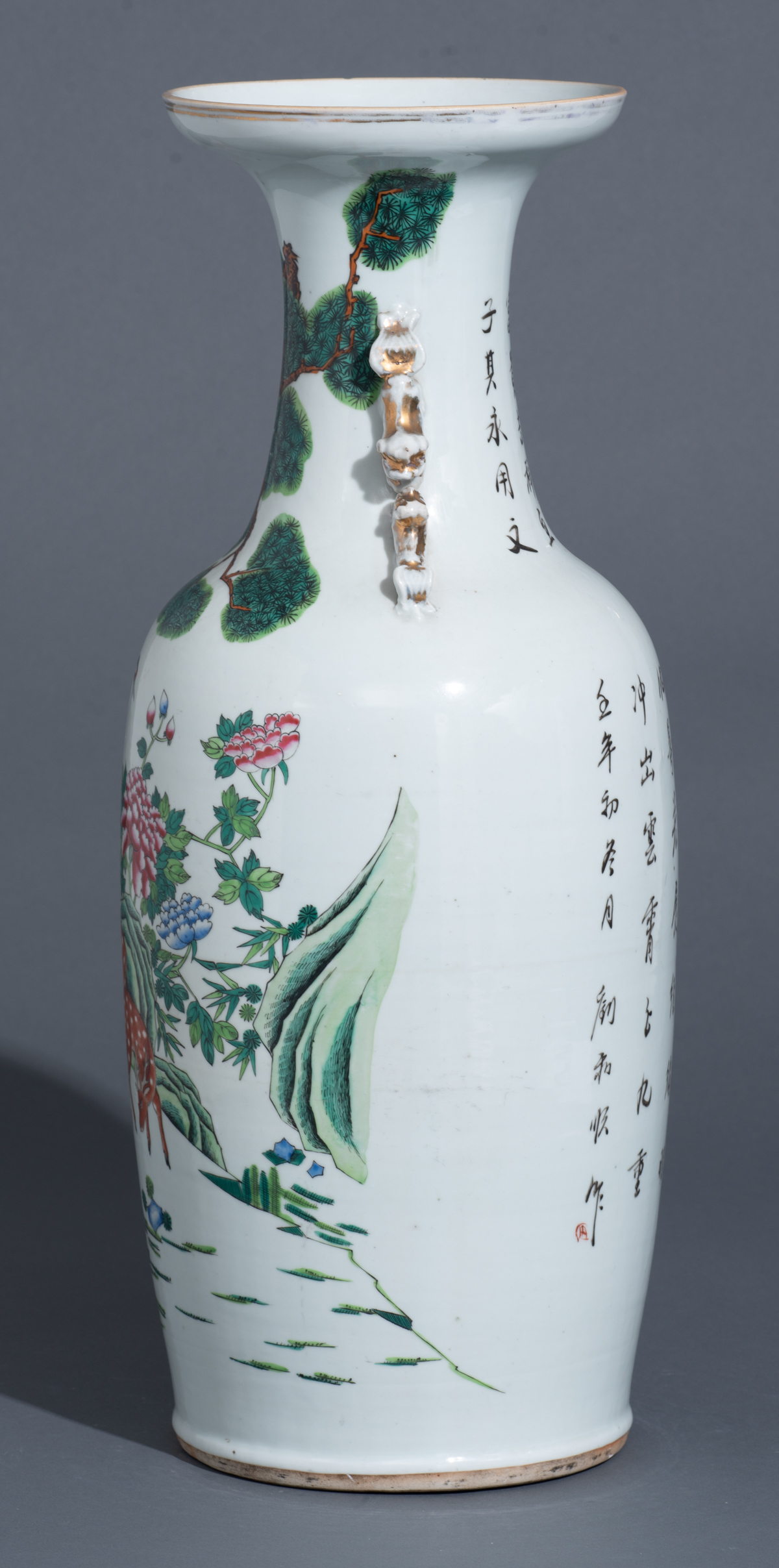 A Chinese polychrome vase, decorated with deer and a crane among rocks and flowers, the reverse with - Image 4 of 8