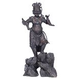 No visible signature, a Chinese temple guard, patinated bronze and semi-precious stone inlay, H 60,5