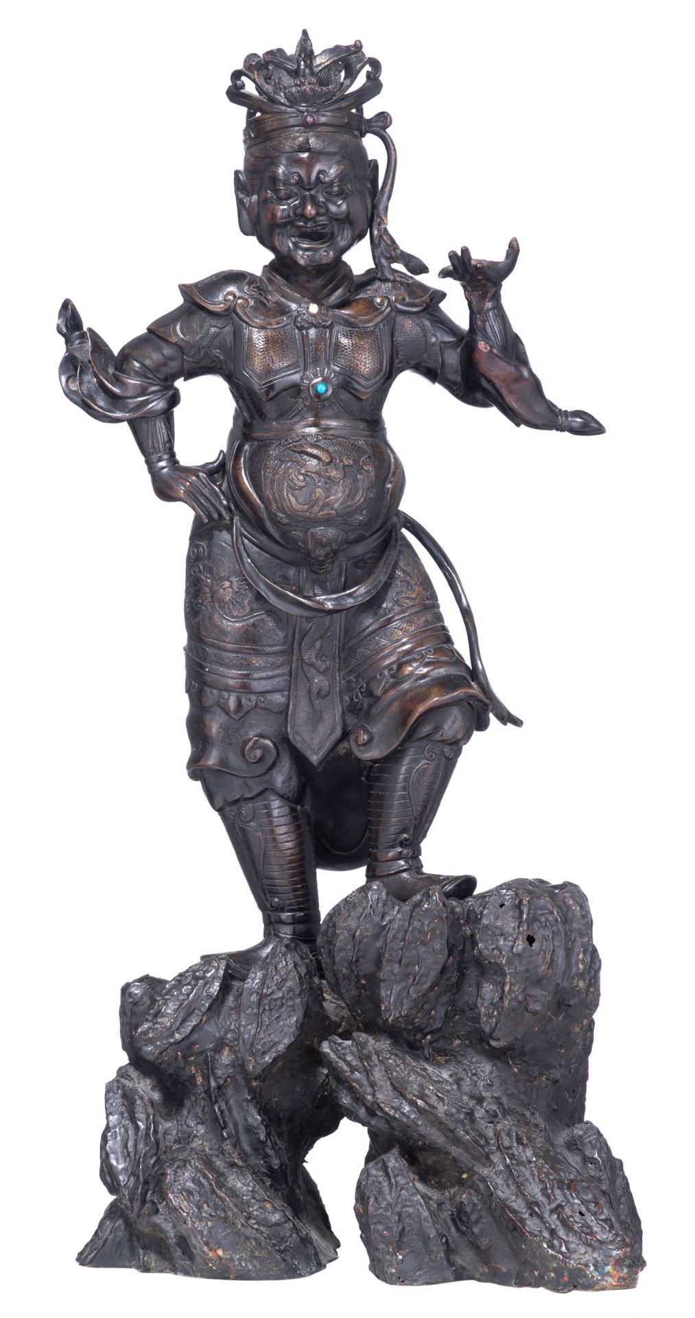 No visible signature, a Chinese temple guard, patinated bronze and semi-precious stone inlay, H 60,5