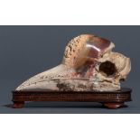 An Asian hornbill skull on a wooden base, carved with a scene from 'The Journey to the West', W 20,9