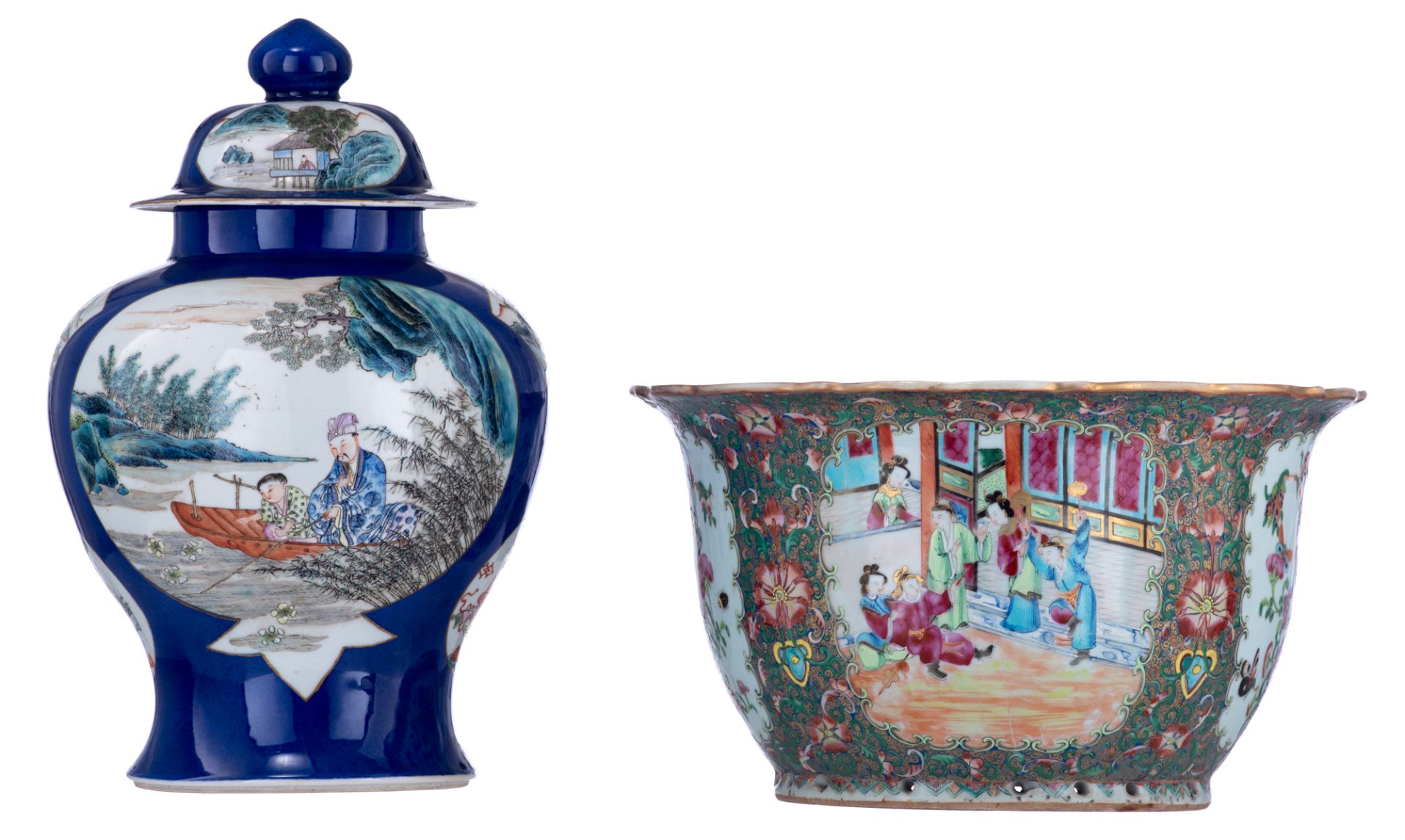 A Chinese bleu poudré vase and cover, the panels polychrome decorated with river scenes; added a dit - Image 3 of 6