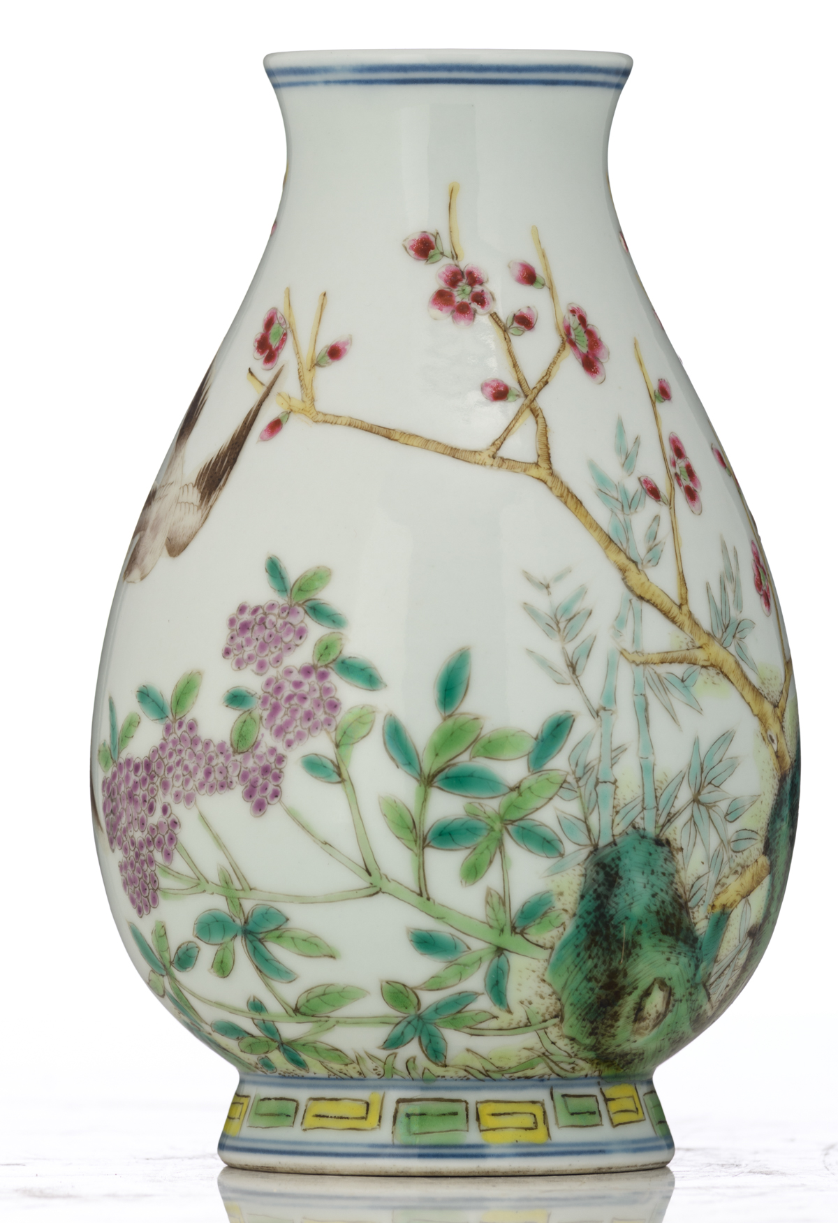 A Chinese famille rose hu vase, finely painted with birds on flower branches, with a Tongzhi mark, H - Image 2 of 7