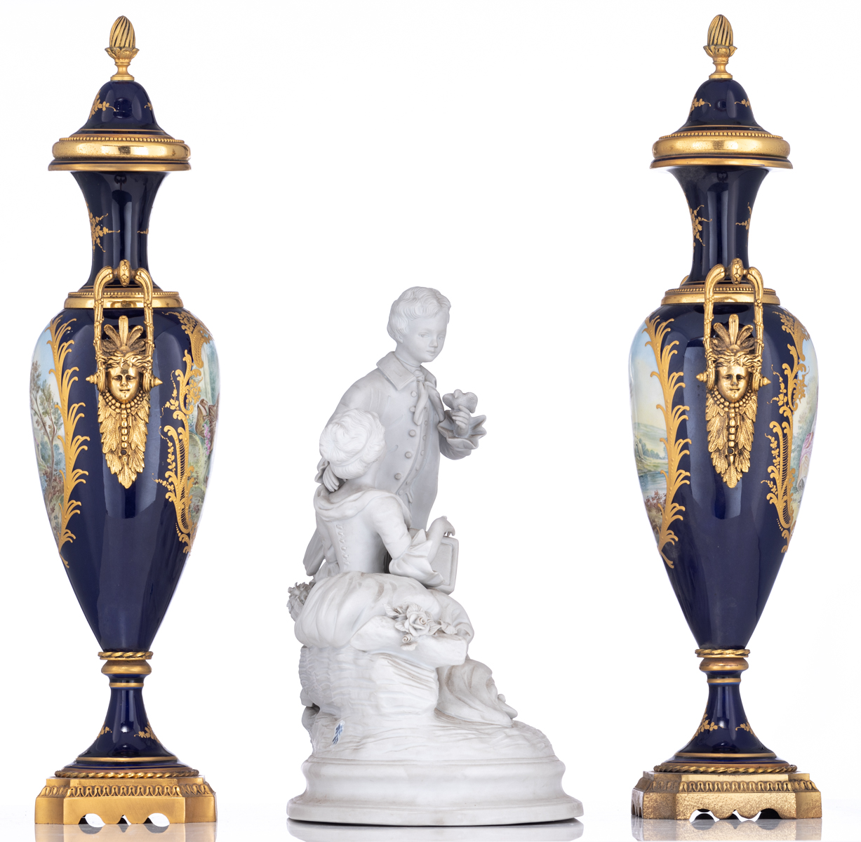 A pair of covered bleu royale ground Sèvres type vases, the roundels with hand-painted gallant scene - Image 4 of 10
