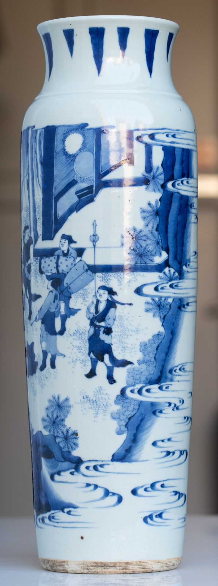 A Chinese Transitional period blue and white cylindrical vase with incised details, decorated with a - Image 5 of 22