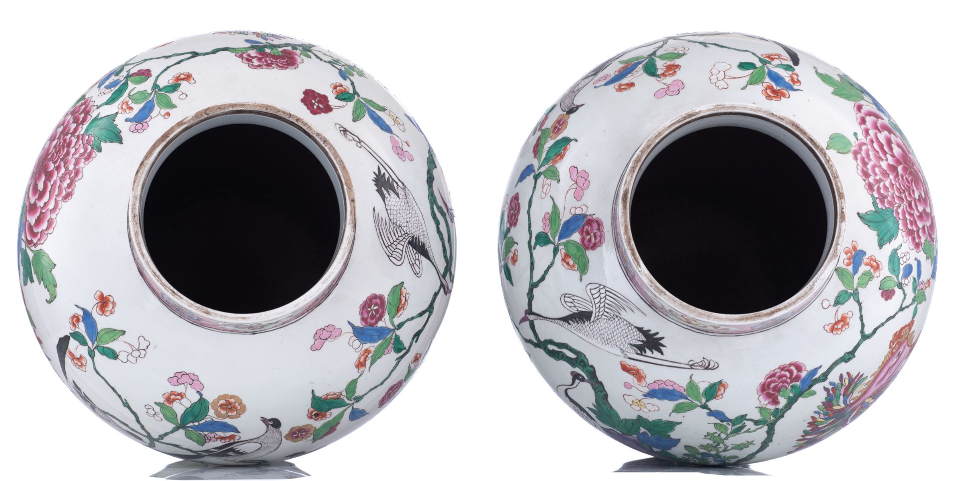 A large pair of covered famille rose Samson vases, decorated with birds and griffons in a floral set - Image 5 of 8