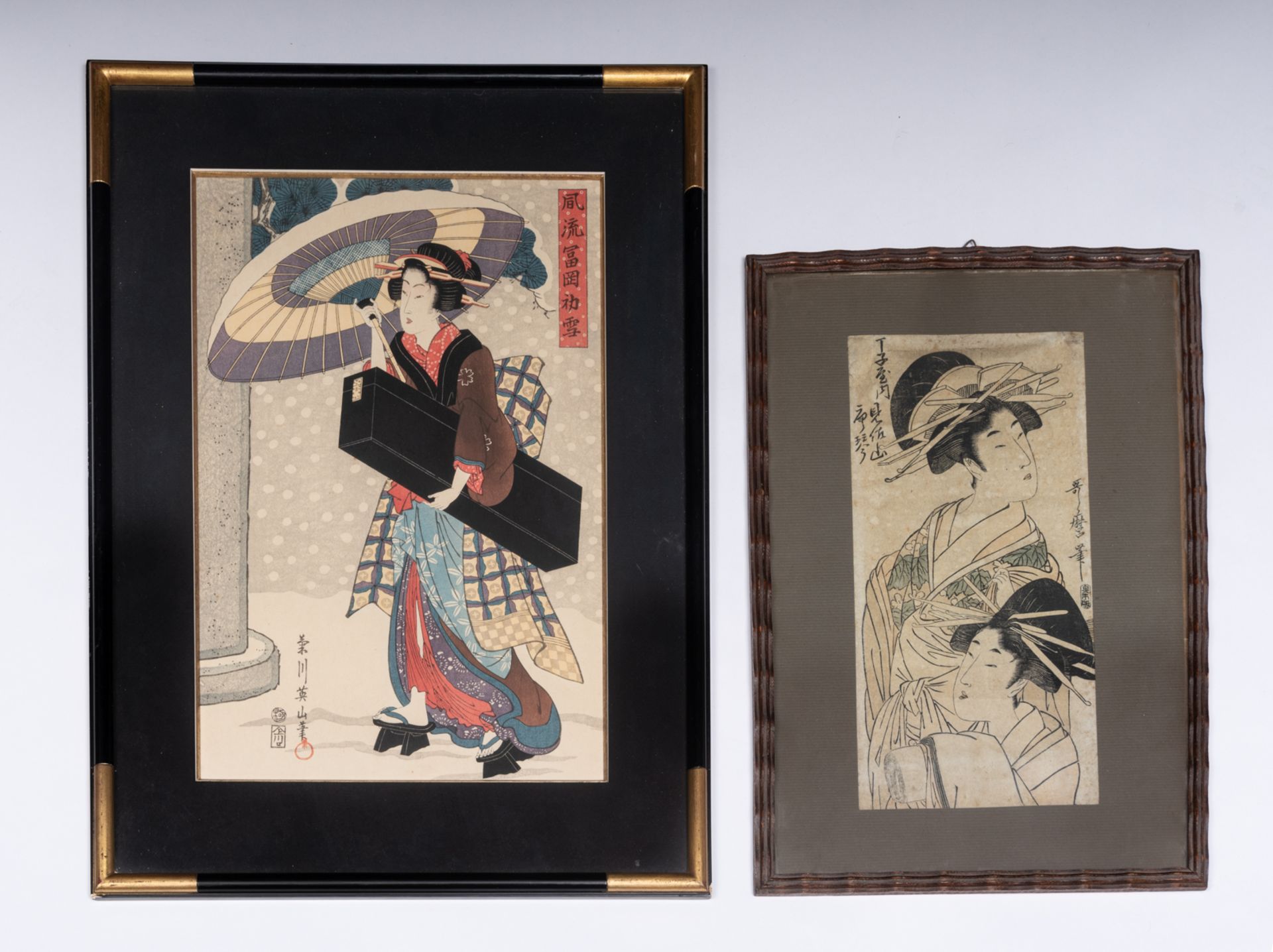 Kitagawa Utamaro, a Japanese Edo-period ukiyo-e print depicting two beauties, (hoso-ban) 14,5 x 29,5 - Image 2 of 12