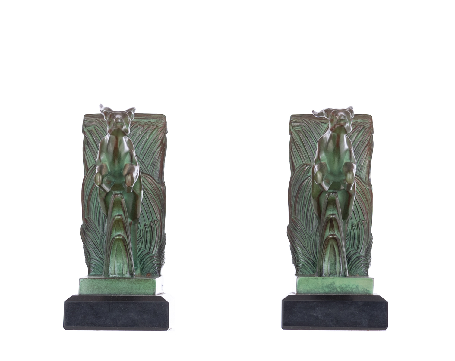 Le Verrier M., a fine pair of Art Déco bookends, shaped as jumping antilopes, patinated bronze on a - Image 5 of 8