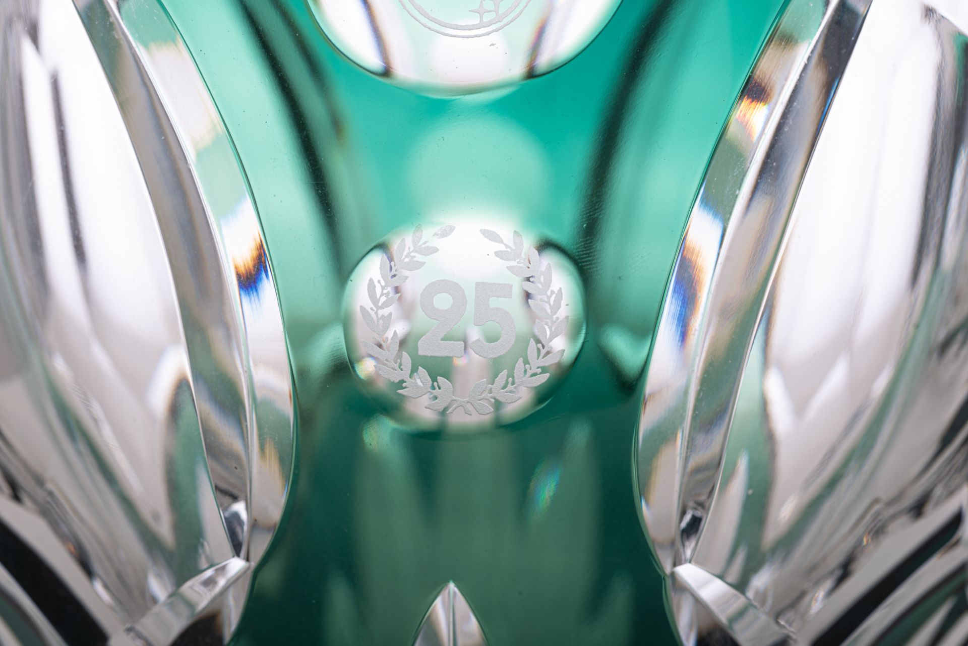 Two crystal cut green overlay Val-Saint-Lambert vases, one dedicated 'In Honour of the 25th annivers - Image 10 of 15
