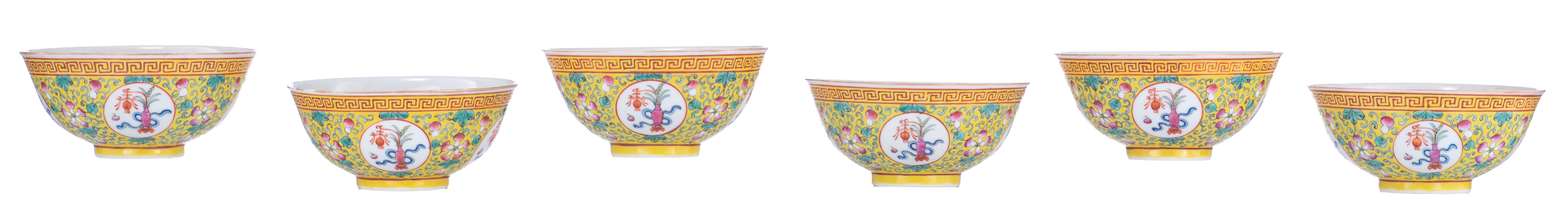 Six Chinese yellow ground famille rose floral decorated bowls, the panels with flower vases, the ins - Image 5 of 8